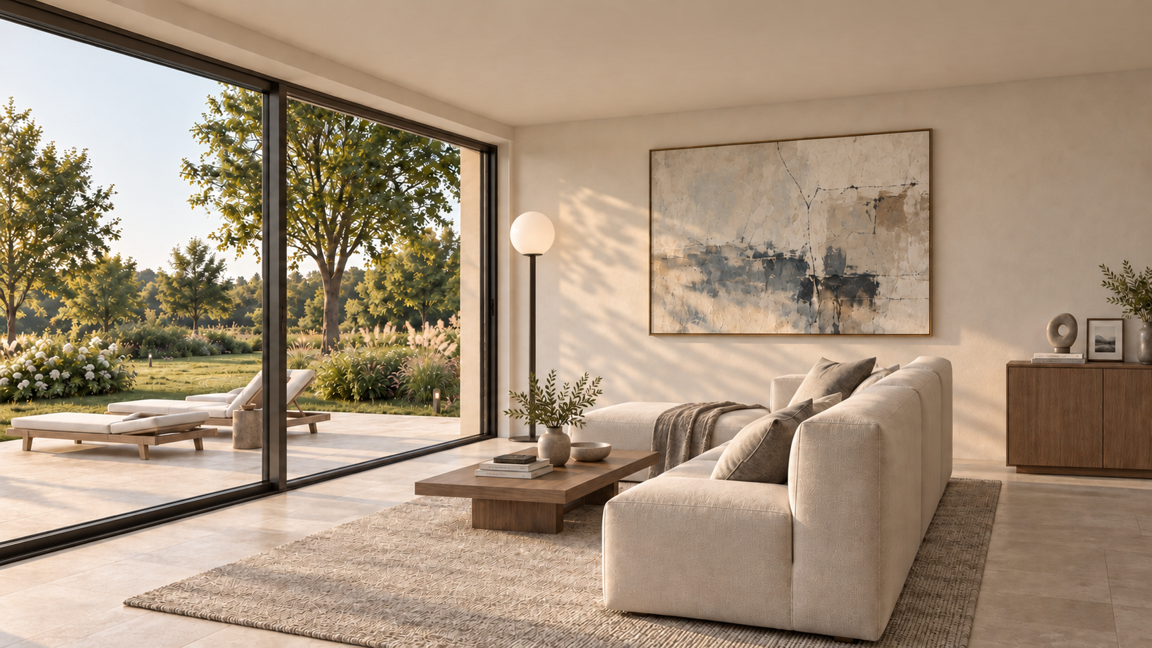 Wohnraum der Konzeptstudie mit Blick in den Garten